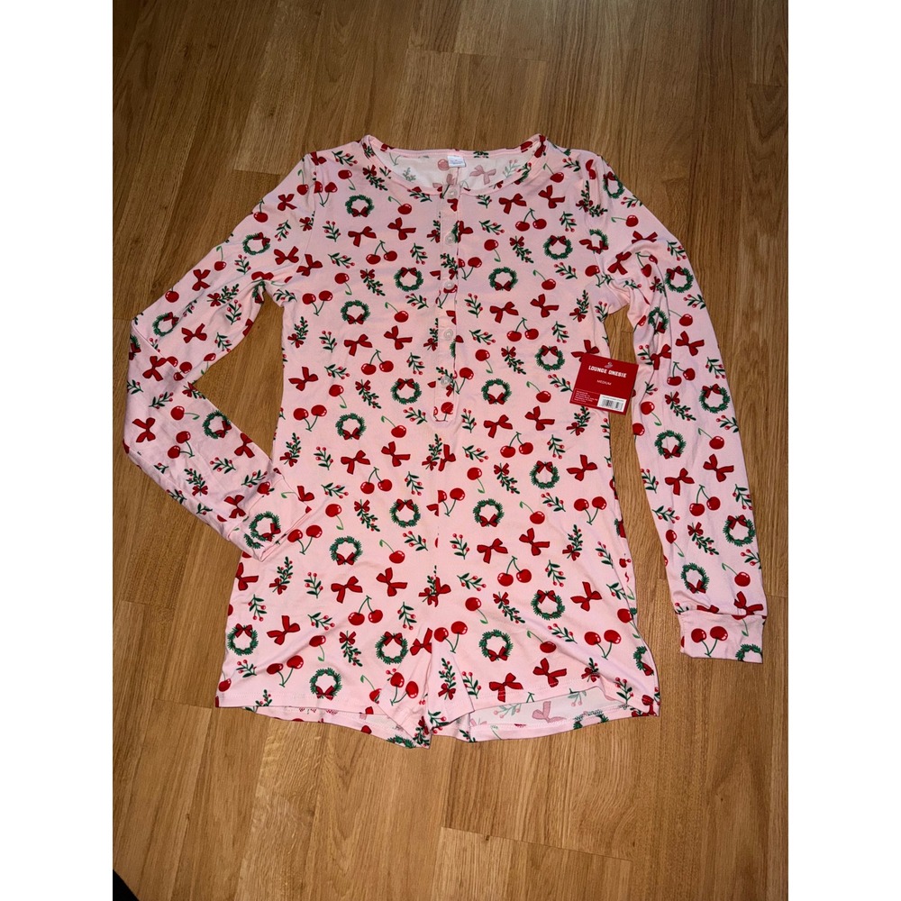 Pink Holiday Lounge Romper Christmas Bows Wreaths One Piece Pajamas Medium NWT